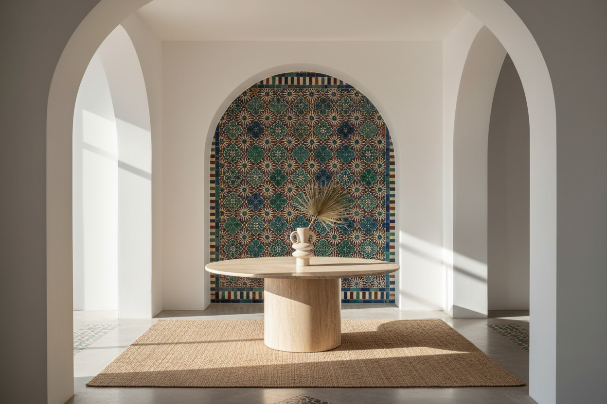 make an image of a round modern travertine table in a modern spanish home that has soft arches are morrocan tiles 